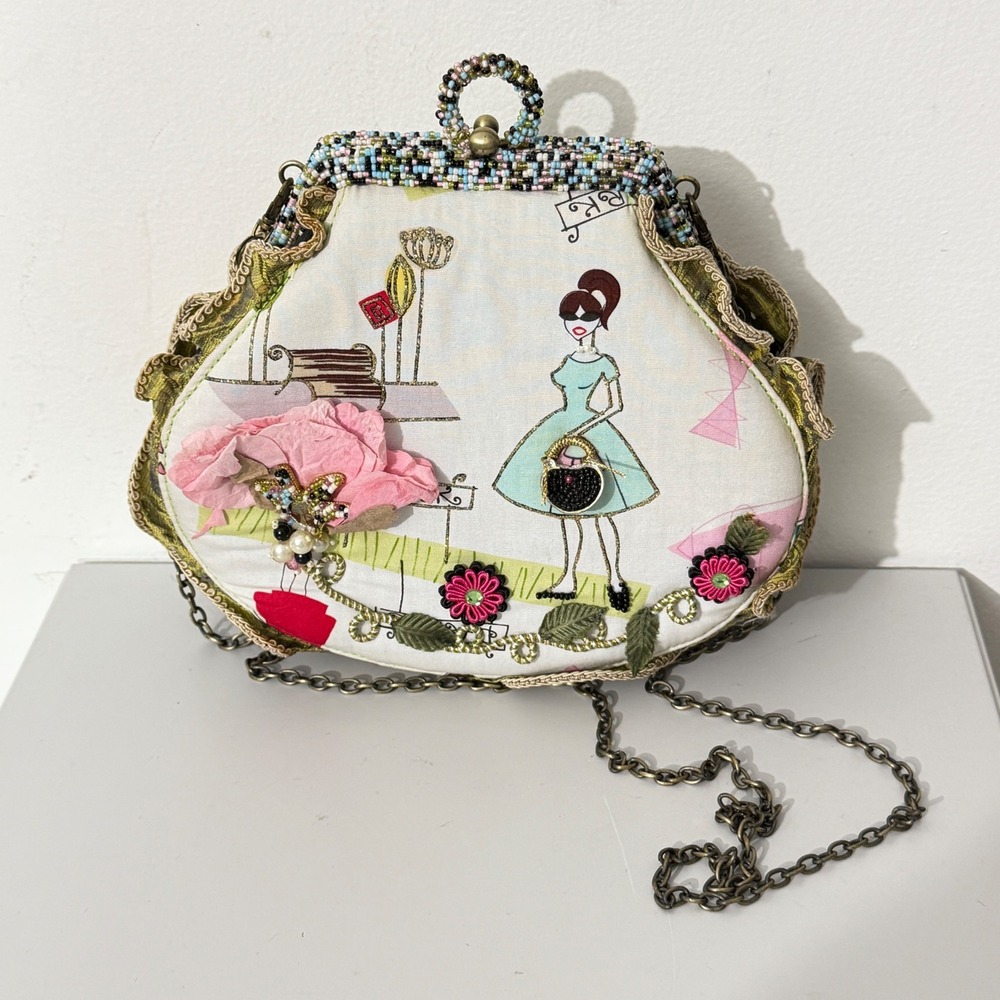 Mary Frances Crossbody Bag Womens White Retro Mid Century Modern Beaded Art